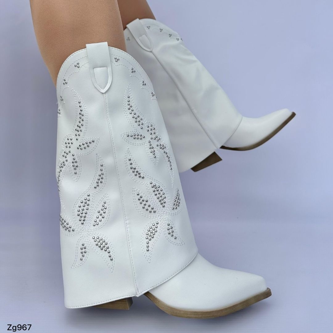 Bota texana blanco doblez apliques plateado tacon 7cm HJ5101 C-34